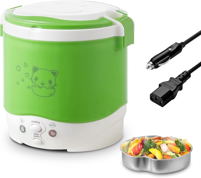 OSBA Mini Rice Cooker 1L Travel Rice Cooker Small 12V For Car Cooking For Soup Porridge and Rice Cooking Heating and Keeping Warm Function(Green)