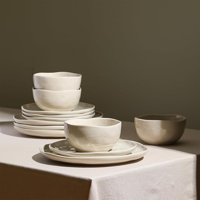 Stone Lain Mirella 24-Piece Dinnerware Set Stoneware Plates and Bowls set Microwave and Dishwasher Safe Dish Set for 8 Beige
