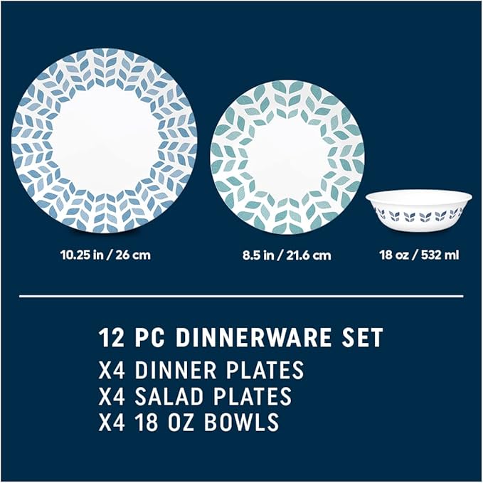Corelle Vitrelle Glass Dinnerware Set Chip &amp Crack Resistant Triple Layer Glass 12-PC Dinnerware Set Northern Pines