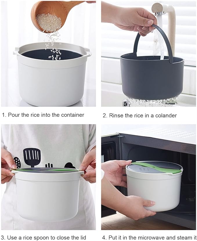Microwave Rice Cooker 2L Microwavable Rice Steamer Pasta Cooker Non-stick Food Grade PP Rice Cookware Full Set with Lid Spatula and Strainer for Home Meal Prep Baking Noodle Vegetable (Green)