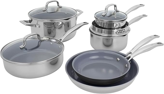 HENCKELS Clad H3 10-pc Induction Ceramic Nonstick Pot and Pan Set Stainless Steel Durable and Easy to clean