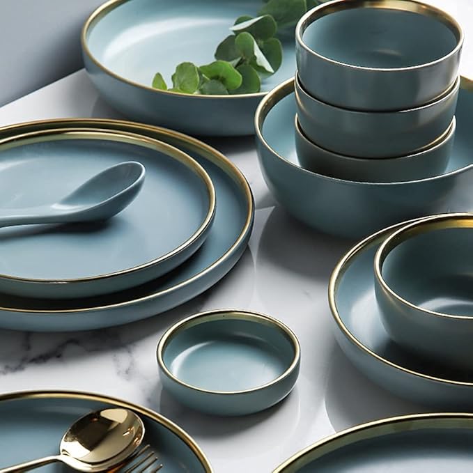 243241PCS Ceramic Dinnerware Set Nordic Dark Green Tableware Creative European Ceramic Tableware with Bowl Plate Service for 6810