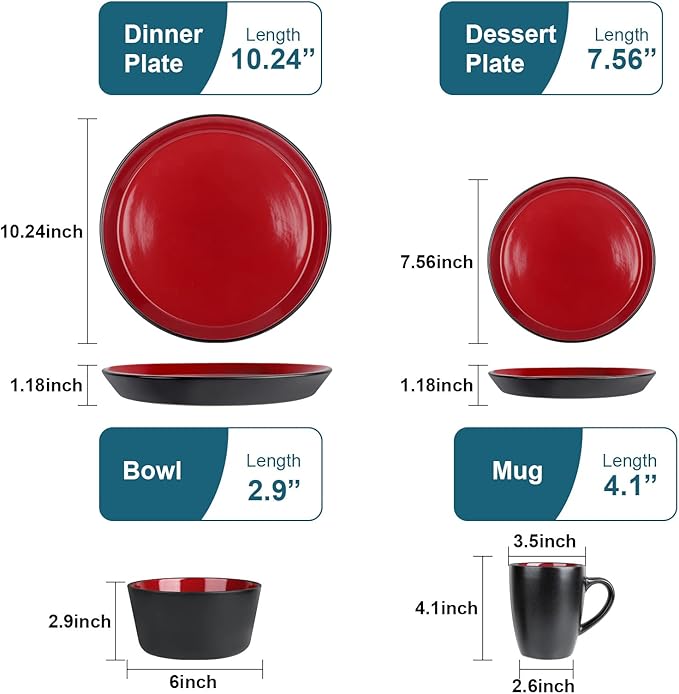 Plates and Bowls Sets 16 Pieces Dinnerware Sets Dishes Set for 4 Christmas Kitchen Set is Home Essentials Black &amp Red