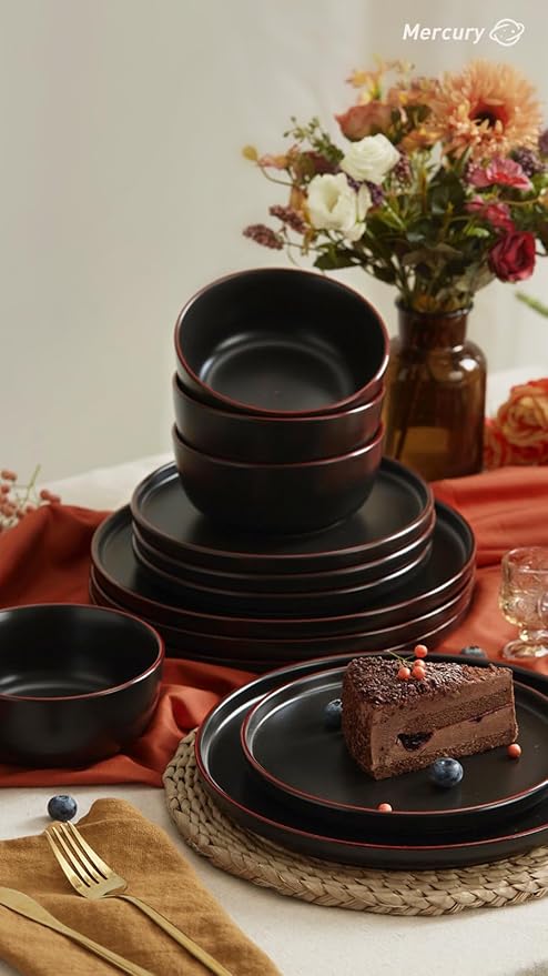 Famiware Mercury 16 Pieces Dinnerware Set with Plates and Bowls and Coffee Mugs Dish Set Service for 4 Stoneware Kitchen Dishes Dinner Sets - Full Glaze Matte Black
