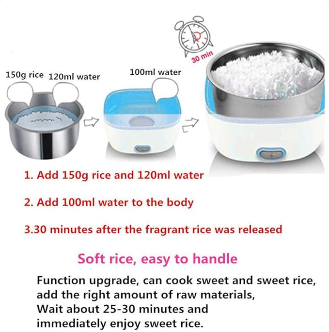 Multifunctional Electric Lunch Box Mini Rice Cooker Portable Food Heater Steamer with Stainless Steel Bowls Egg Steaming Rack Spoon Measuring Cup for Use in Office Outdoor School