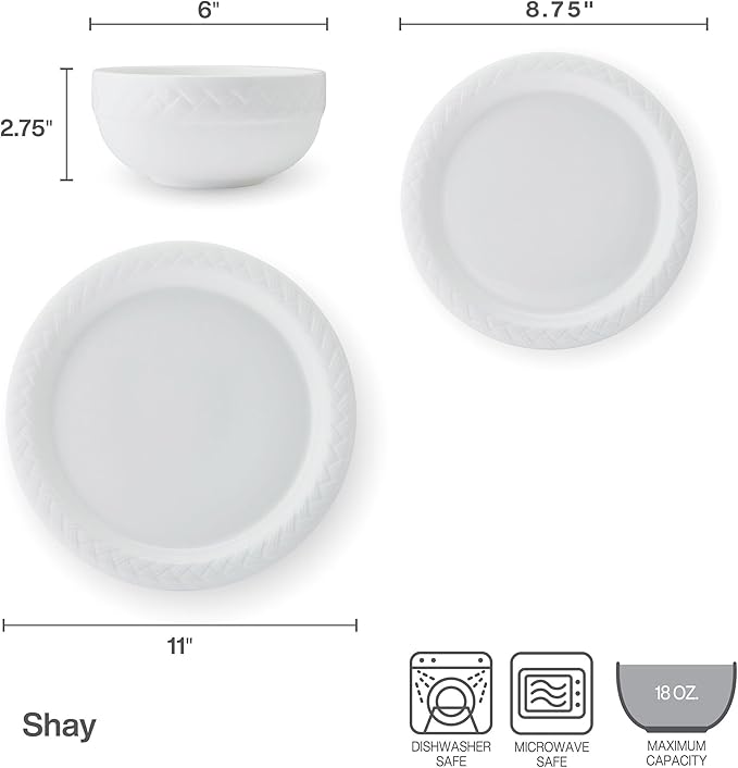 Mikasa Shay Bone China Lightweight Chip Resistant 12 Piece Dinnerware Set Service for 4 White