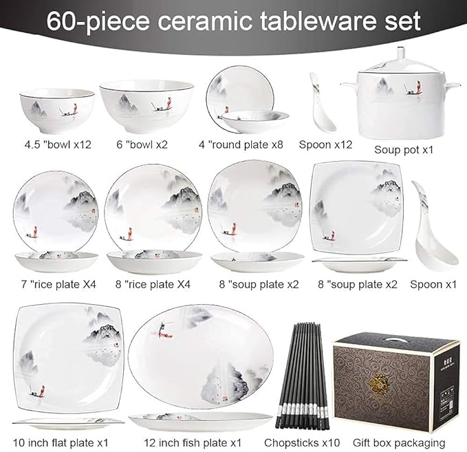 Porcelain Dinnerware Sets Plates and Bowls Sets 60-Piece Dinnerware Set Chinese Style Porcelain Set Dinner Dishes Set Plates/Bowls/Spoons and Soup Pot Service for 12