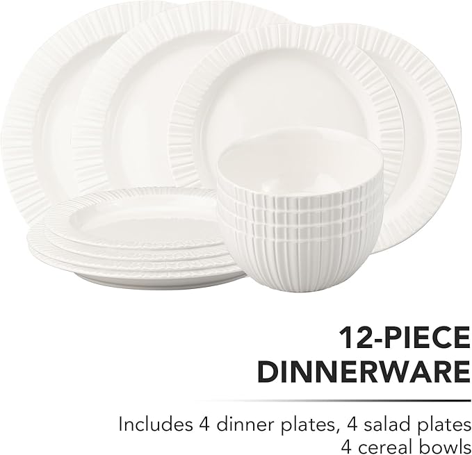 12-Piece White Ceramic Dinnerware Set - Rhine Series Service for 4 Includes Bowls Flat &amp Deep Plates Microwave &amp Dishwasher Safe
