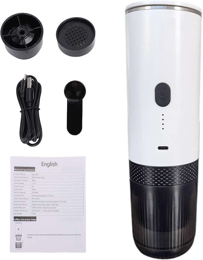 Asixxsix Portable Coffee Maker 2 in 1 Machine with 7500mAh Battery and 20Bar Pressure Compatible with Ground Coffee and Capsules for Home Travel Camping Office (White)