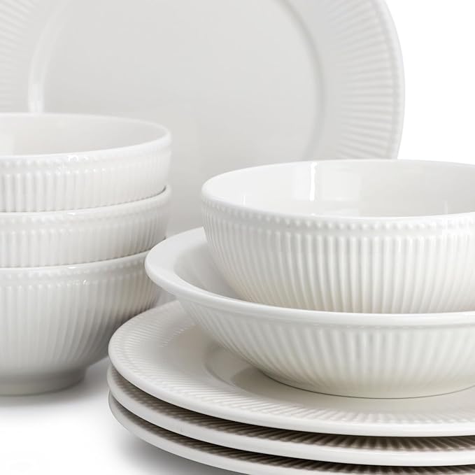 16-Piece Porcelain Dinnerware Set in White – Embossed Double Bowl Set with Textured Rim Microwave &amp Dishwasher Safe – Elegant White Dinnerware for 4