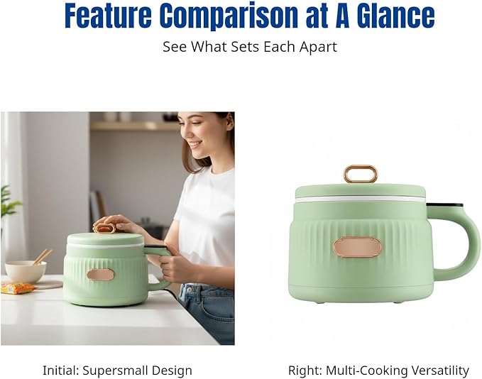 Small Rice Cooker 1.6L Noodle Cooker Keep Warm Portable Electric Pot Nonstick for 1-2 People Camping Cooking Soup Oatmeal Green