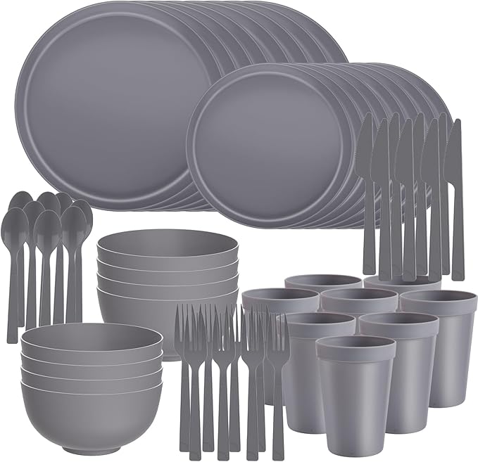 40 Piece RV &amp Camping Dinnerware Set Elegant Ceramic-Look Large Bowls &amp Plates Unbreakable &amp 100% Microwave Safe Melamine Alternative Service for 8 Gray