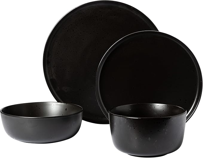 Gibson Elite James Street Stoneware Matte Reactive Double Bowl Dinnerware Set - Pepper Black Service for 4 (16pcs)