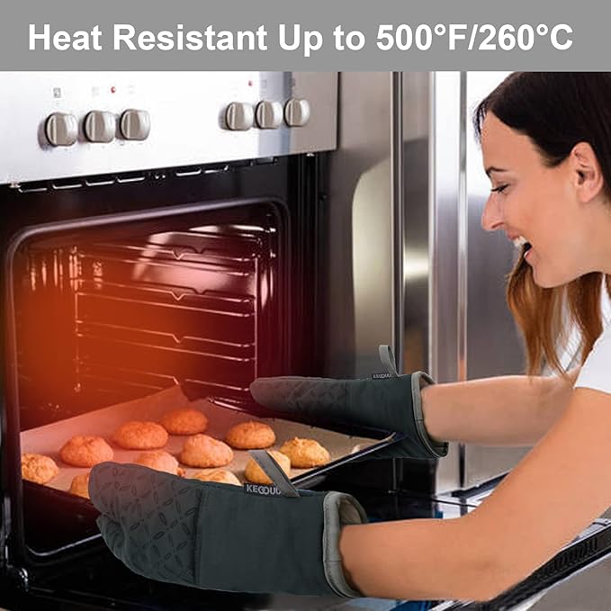 KEGOUU Oven Mitts and Pot Holders 6pcs Set Kitchen Oven Glove High Heat Resistant 500 Degree Extra Long Oven Mitts and Potholder with Non-Slip Silicone Surface for Cooking (Deep Green)