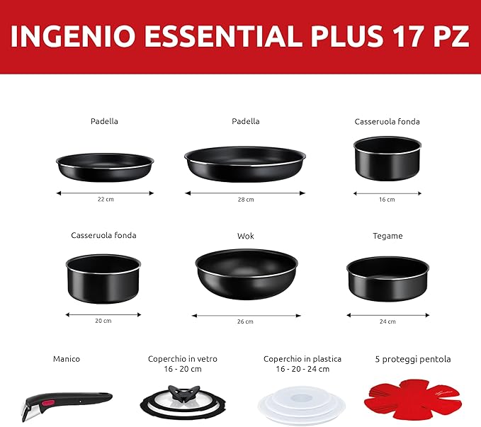 Lagostina Ingenio Essential Plus Cookware Set Aluminium for Gas and Oven 17 Pieces 2 Deep Casseroles 2 Frying Pans Wok 5 Lids 5 Pan Protectors and Removable Handle