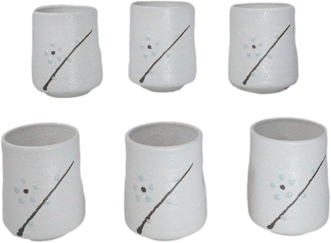Ebros Gift Modern Yukino Hana Snow Flowers Ceramic Dinnerware Serveware Kitchenware Set Oriental Asian Restaurant Supply (Pack Of 6 Reactive Glaze Tea Cups 9oz)