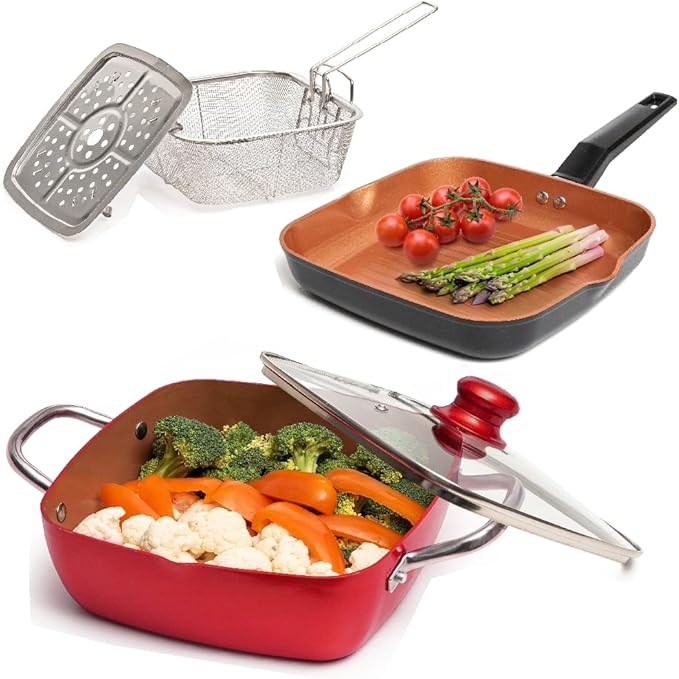 Moss &amp Stone 5 Pcs Copper Chef Cookware Set 9.5” Non Stick Deep Frying Pan Fry Basket Dishwasher &amp Oven Safe Induction Copper Cookware Set Bundle With Square Grill Pan For Indoor Cooking
