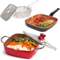Moss &amp Stone 5 Pcs Copper Chef Cookware Set 9.5” Non Stick Deep Frying Pan Fry Basket Dishwasher &amp Oven Safe Induction Copper Cookware Set Bundle With Square Grill Pan For Indoor Cooking