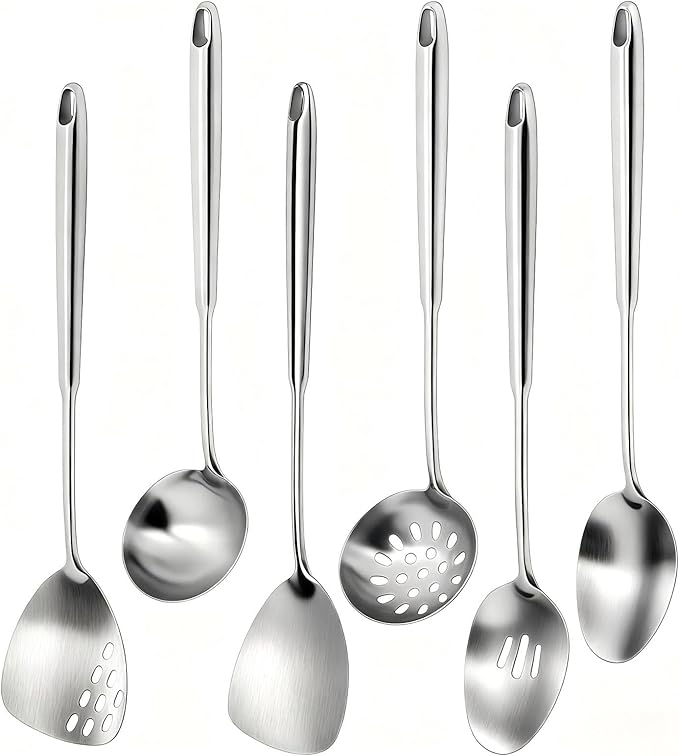 6Pcs Stainless Steel Kitchen Utensils Set – Cooking Utensils Set Stainless Steel Metal Cooking Utensils with Wok Spatula Serving SpoonsLadle Set– Durable Cooking Supplies for Home and Camping