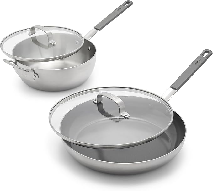 GreenPan x Bobby Flay Stainless Steel 3.75QT Saucepan and 12” Frying Pan Skillet with Glass Lids Professional Grade Tri Ply Induction Suitable Dishwasher &amp Oven Safe Stay Cool Silicone Handle