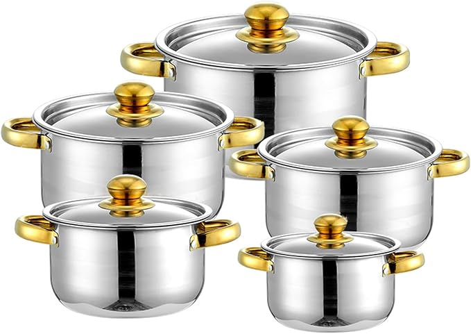 10-Piece Kitchen Pot and Pan Set Non Stick Stainless Steel Cookware Set Kitchen Aid Classic Cooking Set with Lids Soup Pot Compatible with All Cooktops(Gas Electric &amp Induction)Gold