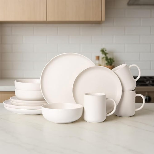 12-Piece Matte White Dinnerware SetStoneware Dinnerware for 3 Microwave &amp Dishwasher Safe Stackable Design for Kitchen and Dining - PlatesBowls and Mugs