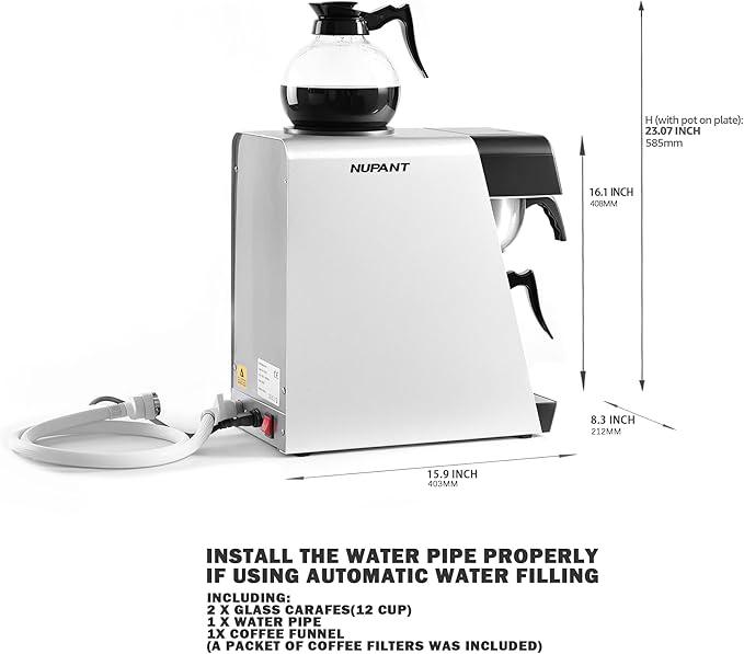 12-Cup Commercial Drip Coffee Maker 1.8L Auto Filling Pour Over Coffee Machine with 2 Glass Carafes 2 Warmers LCD Panel Automatic Stainless Steel Coffee Brewer for Cofe Bar and Restaurant