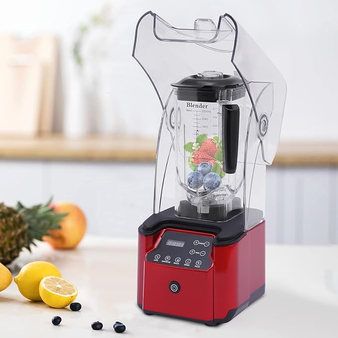 Professional Blender with Shield Eapmic Soundproof Blender Commercial Countertop Blenders 2200W 8 Gears Commercial Smoothie Countertop Blender for Smoothies Ice Cream Sauce Red