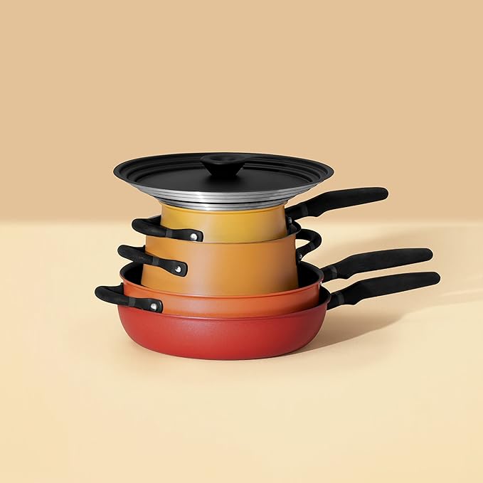 Meyer 6pc Stackable Set with Universal Lids | Hard Anodized Non Stick and Stainless Steel Pots and Pans | Induction Compatible | Dishwasher Safe | Oven Safe | Red Orange Yellow | Accent Cookware
