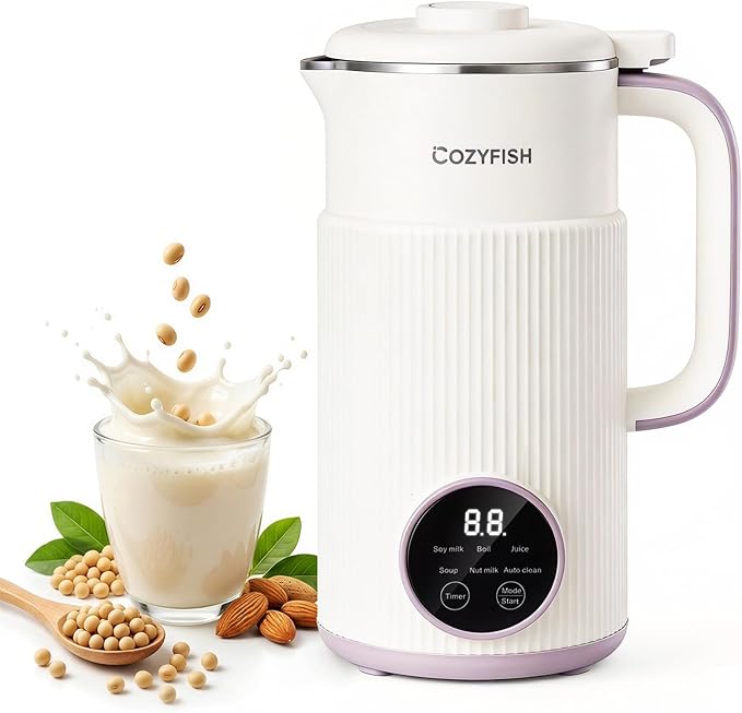 Cozyfish 35oz Nut Milk Maker Multi-Functional Automatic Soy &amp Almond Milk Machine with 12-Blade Stainless Steel for Oat Soup Juice &amp Plant-Based Beverages Timer Auto Clean Keep Warm Boi