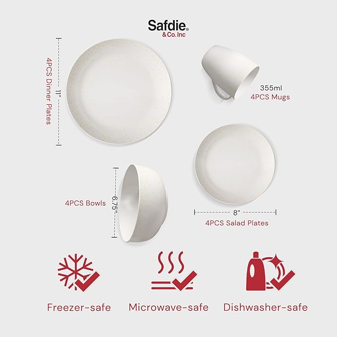 Safdie &amp Co. - Diamond Confetti Plates and Bowls Sets Modern Dinnerware Set Kitchen Dinnerware Sets Indoor and Outdoor Plates 16-Piece Kitchen Plates and Bowls Set with Mugs Dishwasher Safe