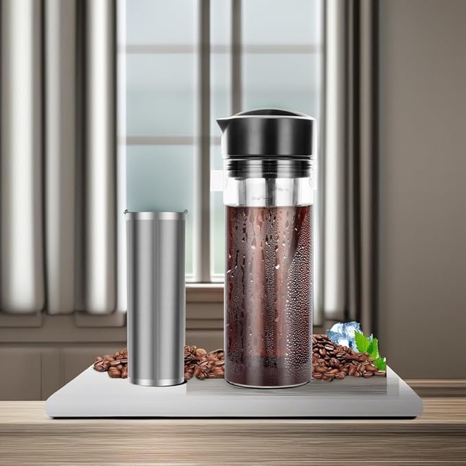25oz Cold Brew Coffee Maker 4 Cup Capacity Tea Maker Iced Coffee Pot Cold Heat Resistant Borosilicate Glass Carafe Stainless Steel Mesh Filter Basket and Black Freshness Lid