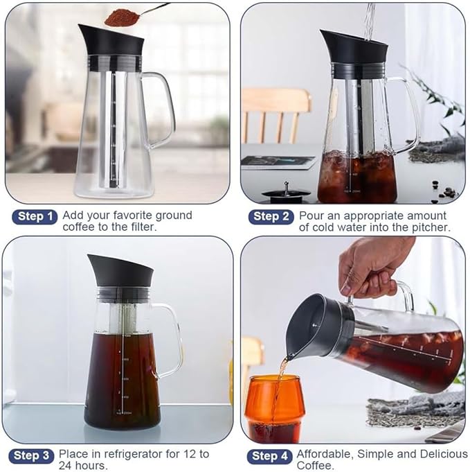 Iced Coffee Maker Machine Cold Brew Tea Pitcher Glass and Airtight Lid Coffee Pot 1.2L