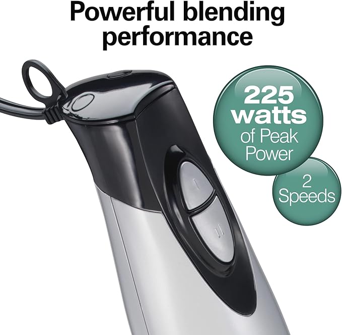 Hamilton Beach 4-in-1 Electric Immersion Hand Blender with Handheld Blending Stick Whisk + 3-Cup Food &amp Vegetable Chopper Bowl 2-Speeds 225 Watts Silver and Stainless Steel (59765)