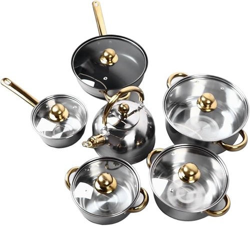 12Pcs Kitchen Pots Stainless Steel Cookware Set with Golden Handle Various Sizes Easy to Clean - Heat Ergonomic Grip Compatible with All Cooktops