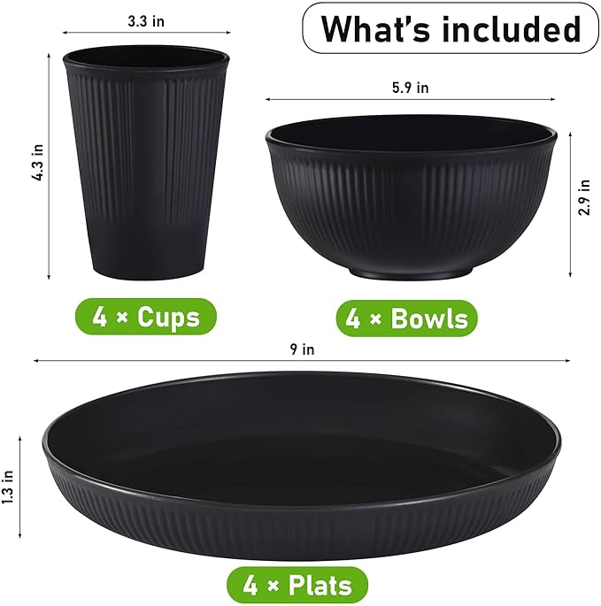 Wheat Straw Dinnerware Sets Kitchen Unbreakable Wheat Straw Plates and Bowls Sets for College Dorm Apartment Reusable Black 12pcs