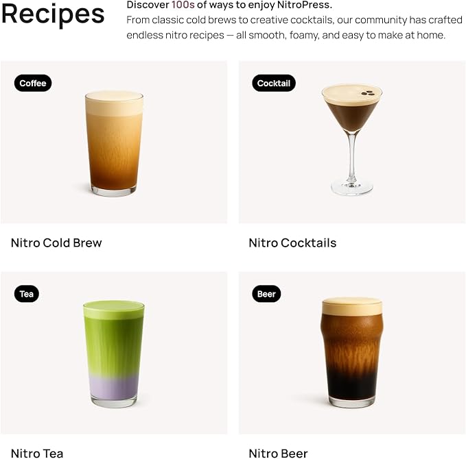 Original NitroPress - Nitro Cold Brew Coffee Maker | Portable Nitrogen Infuser for Smooth Nitro Drinks Cold Brew Cocktails &amp Tea at Home or On the Go | Uses N2 Cartridges | Stainless Steel Desig