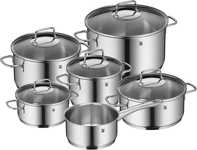 WMF 6-Piece Saucepan Set Astoria Pouring Rim Glass Lid Cromargan® Polished Stainless Steel Suitable for Induction Cookers Dishwasher Safe No. 780166040