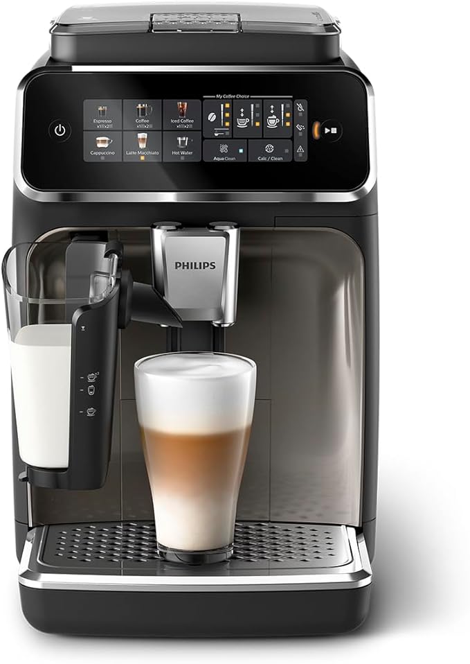 PHILIPS 3300 Series Fully Automatic Espresso Machine - LatteGo Milk System 5 Coffee Varieties Intuitive Touch Display SilentBrew 100% Ceramic Grinder AquaClean Filter Glossy Black (EP3347/90)