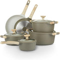 Bambù 10Pcs Cookware set Die-cast Aluminum pots and pans Nonstick frying pans and casseroles Induction safe PFOA-free (Green and Cream 10 pcs)