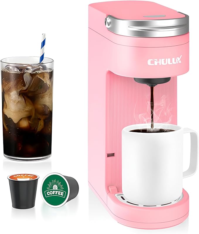 CHULUX Slim Single Serve Coffee Maker for K Pods One Cup Coffee Maker Fits 7.3 Travel Mugs Coffee Machine with 6 to 12oz Brew Sizes Salmon Pink