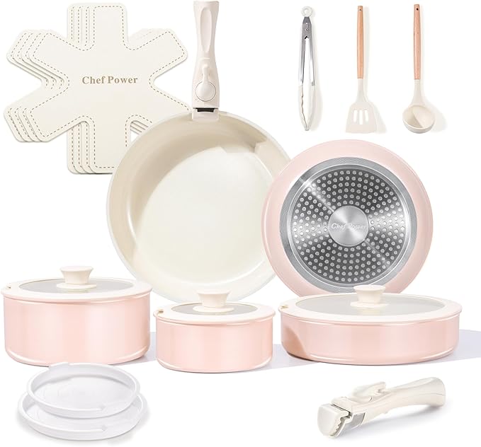 Chef Power Ceramic Nonstick Pots and Pans Set 19 Piece with Detachable Handle Induction Dishwasher Oven Safe Cookware Set RV Kitchen Set Removable Handle (Light Pink)