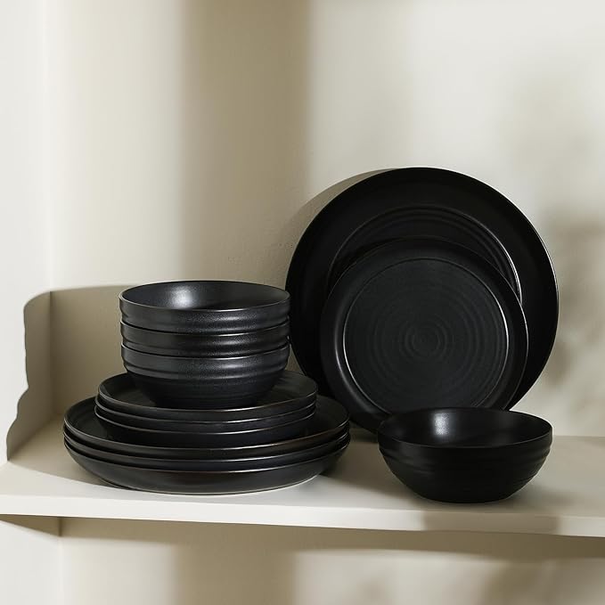 Stone Lain Elio 24-Piece Dinnerware Set Stoneware Plates and Bowls Set Dish Set for 8 Black