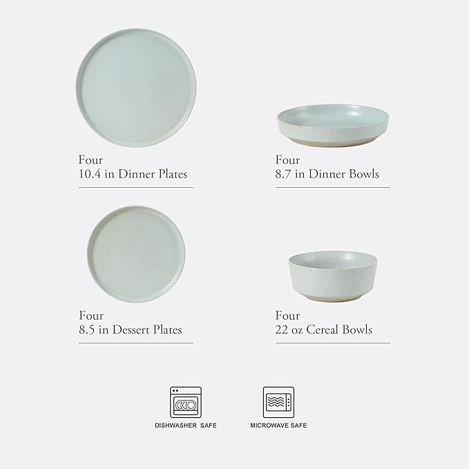 Gibson Elite Overbrook 16-Piece Pottery Clay Stoneware Dinnerware Set – Light Blue Reactive Glaze Stackable Plates and Bowls w/Pasta Bowl Service for 4 – Microwave &amp Dishwasher Safe