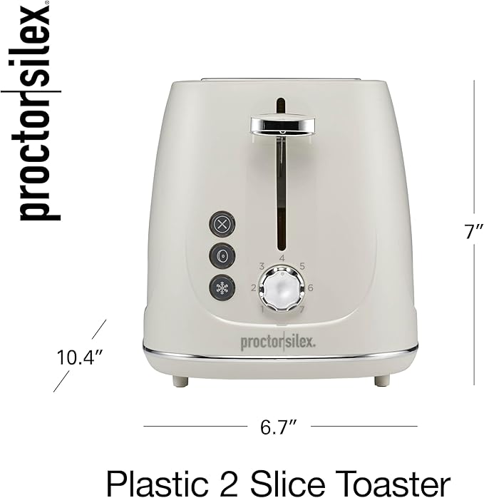 Proctor Silex Plastic 2 Slice Toaster Bagel Defrost &amp Cancel Buttons Browning Control With 7 Shades Auto Shutoff Slide-Out Crumb Tray Oat White (22660)