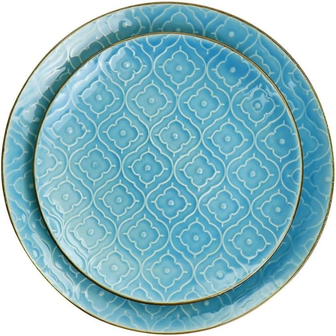 16 Piece Embossed Stoneware Dinnerware Set in Teal Round Dish Set Plate Bowl Water Cup Dish Set