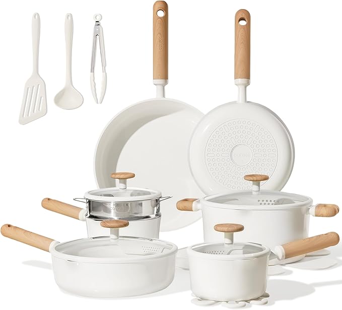 CAROTE Ceramic Cookware Set Nonstick 21pcs Pots and Pans Set Nonstick Non-Toxic &amp PFAS-Free Dishwasher RV/Camping Cookware Set Cooking Pots with Lids Charcoal Black Cream