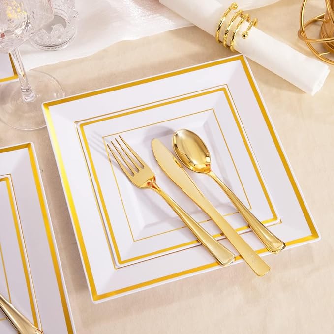 WDF 125pcs Gold Plastic Plates Set - Fall Plastic Plates Gold Rimmed Dinner &amp Salad Plate Silverware (25 Forks Knives Spoons) for Wedding Baby Shower Spring Birthday