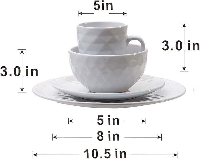 A&ampB Home Large 16 Piece Dinnerware Set Glossy Cream Stoneware Plates Bowls Mugs French Country Geometric Design Kitchenware Serves 4 People