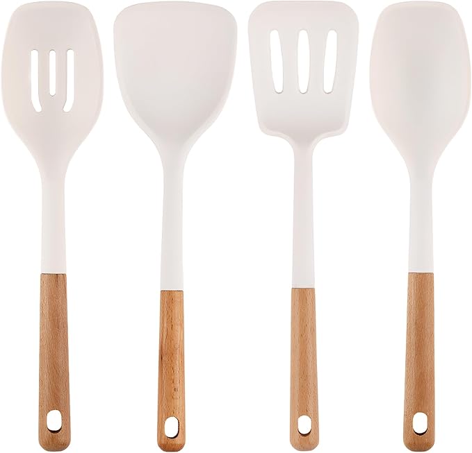 Silicone Kitchen Utensils Set of 4 Large Non-Stick Cooking Utensil Set w Wooden Handle Food Grade Heat Resistance Turner Spoon Silicone Cooking Kitchen Gadgets BPA Free for Nonstick Cookware